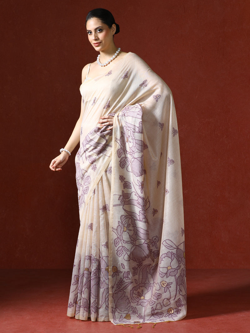 Floral Printed Zari Chanderi Saree in purple