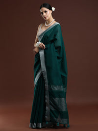 Woven Design Solid Bhagalpuri Linen Saree in Dark Green