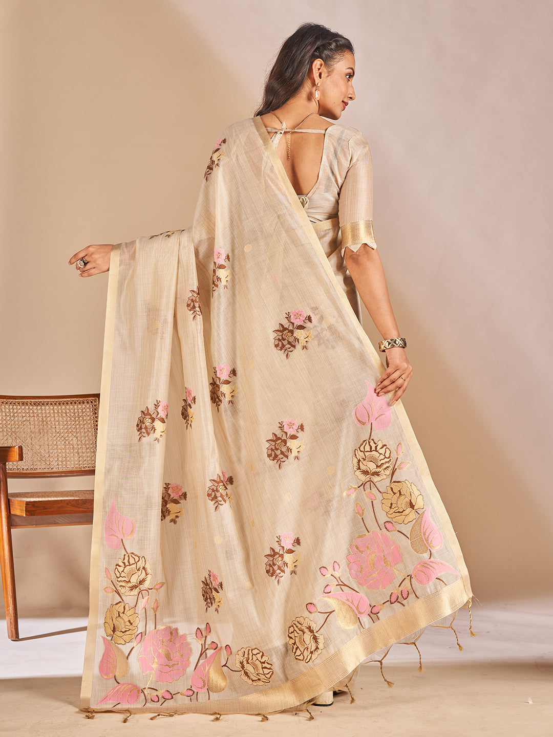 Leela Cotton In Beige With Brown Motifs