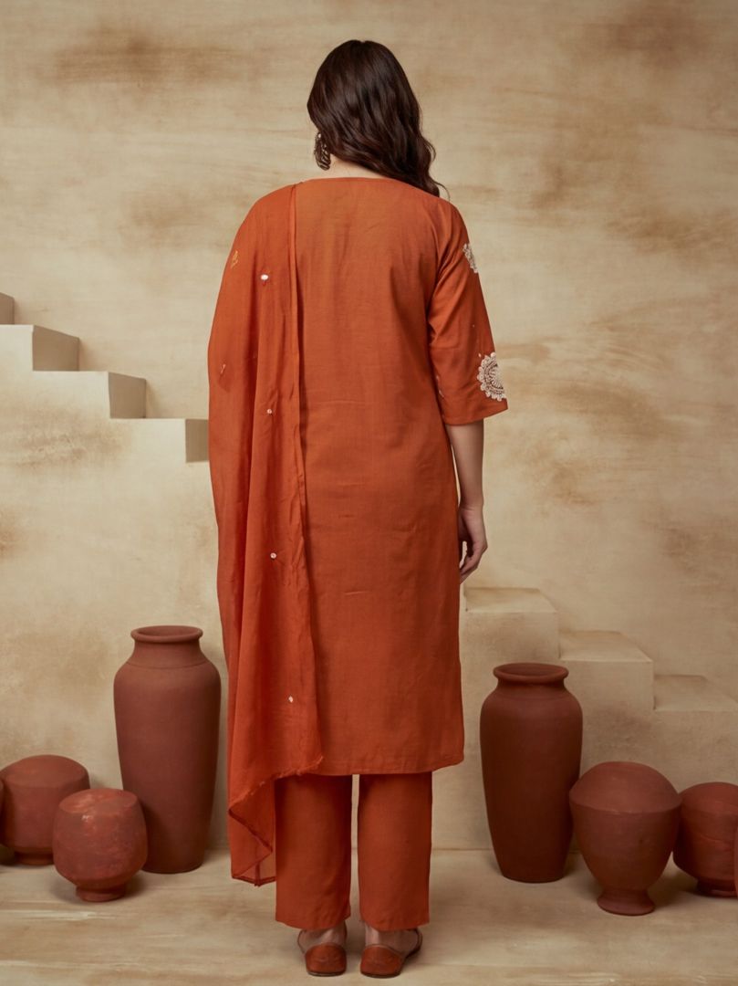 Embroidered Cotton Blend V-Neck Kurta & Trousers With Dupatta