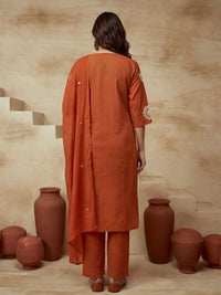 Embroidered Cotton Blend V-Neck Kurta & Trousers With Dupatta