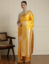Ethnic Motif Woven Design Zari Banarasi Satin Silk Saree & Blouse Piece in Yellow