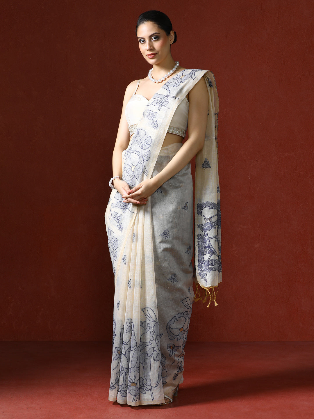 Floral Printed Zari Chanderi Saree in blue