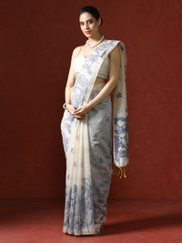 Floral Printed Zari Chanderi Saree in blue