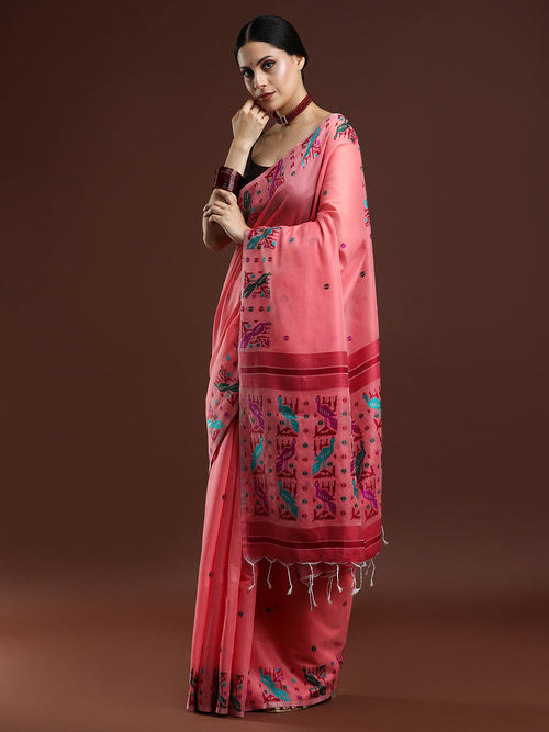 Woven Design Ethnic Motif Muga Cotton Saree in Pink