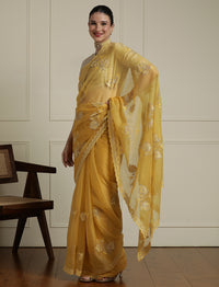 Floral Motifs Embroidered Saree with Unstitched Blouse in Yellow