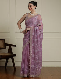 Ethnic Motifs Embroidered Saree in Purple