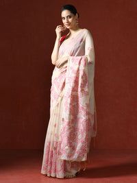 Floral Printed Zari Chanderi Saree in pink
