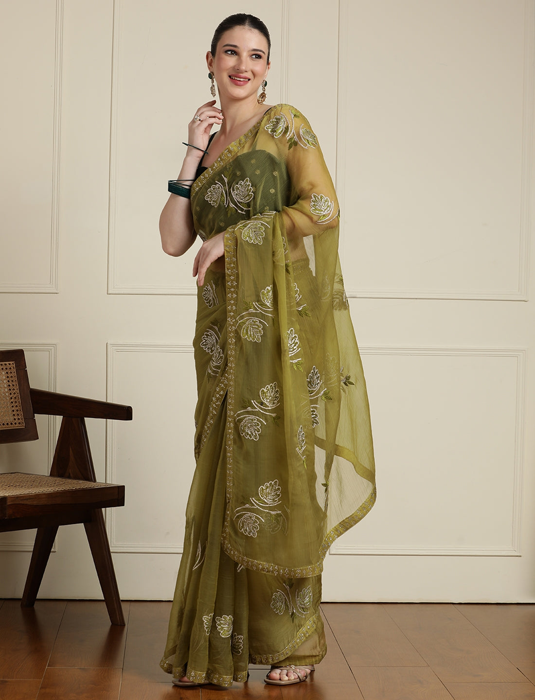 Floral Motif Embroidered Zari Wedding Saree in Green