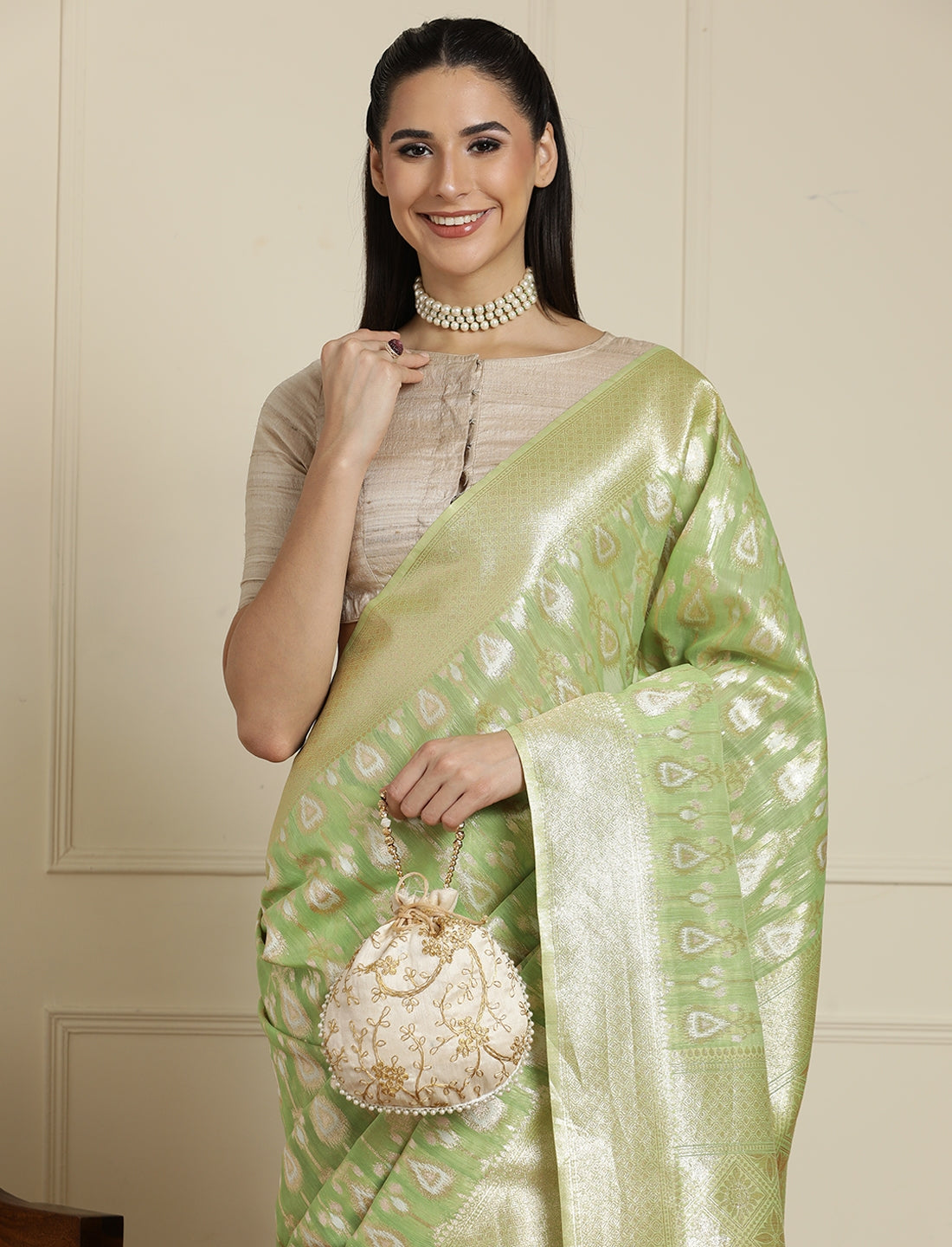 Ethnic Motifs Woven Design Muga Saree in Green