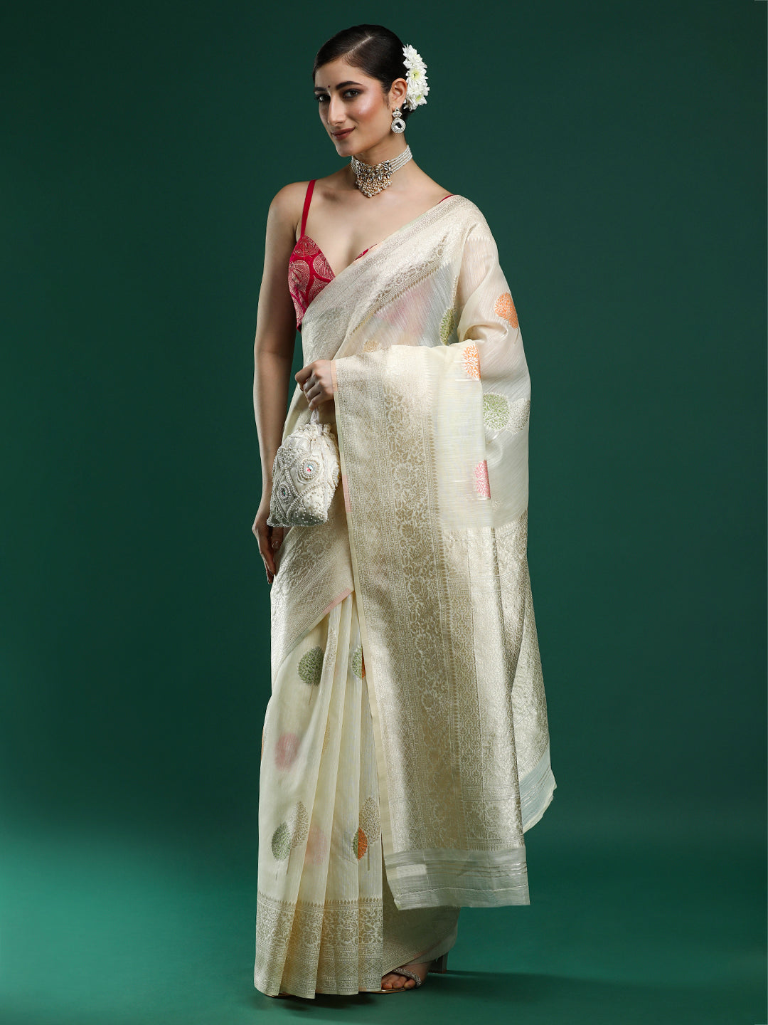 Woven Design Chanderi Cotton Saree in Cream