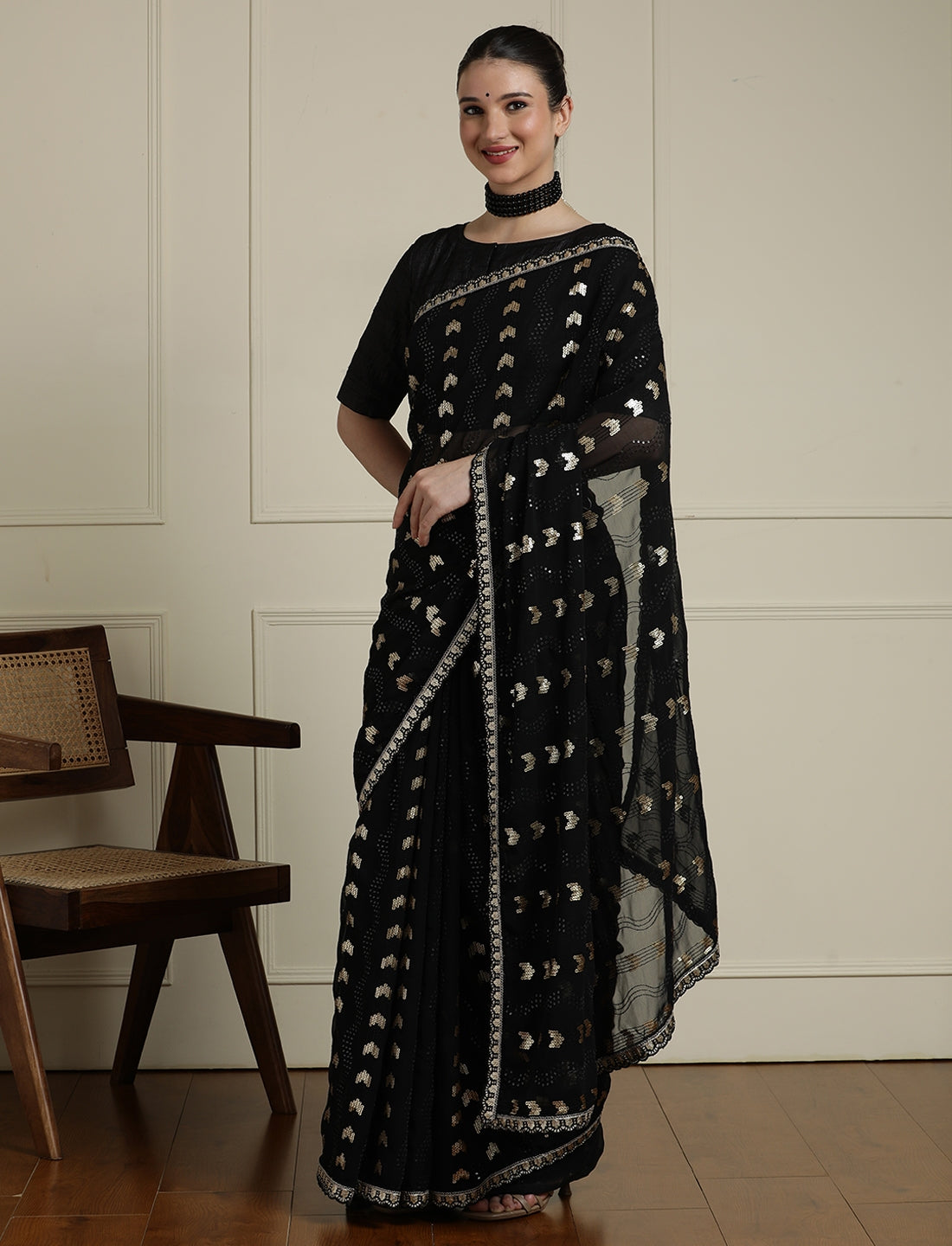 Geometric Embellished Sequinned Saree With Blouse in Black