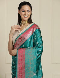 Ethnic Motifs Zari Woven Design Banarasi Saree With Blouse Piece in Sea Green
