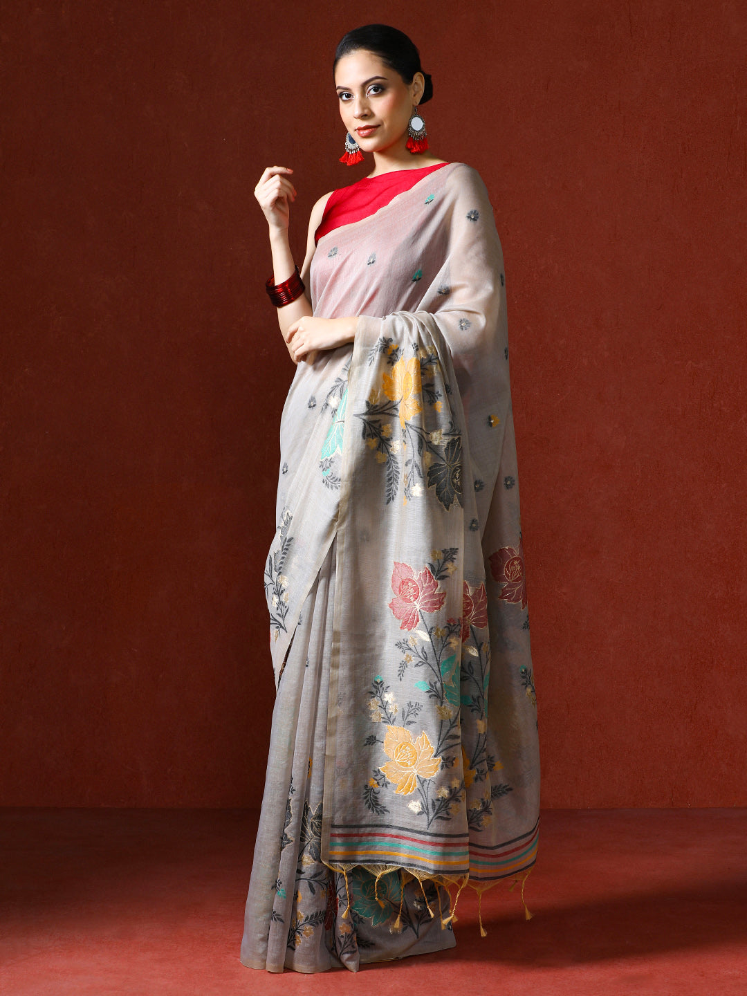 Floral Embellished Embroidered Chanderi Saree in grey