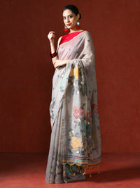 Floral Embellished Embroidered Chanderi Saree in grey