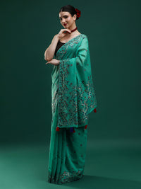 Sarha Ethnic Motifs Embroidered Muga Saree in Green