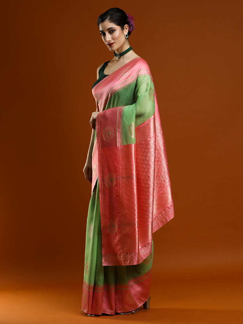 Sarha Floral Printed Zari Muga Saree in Green