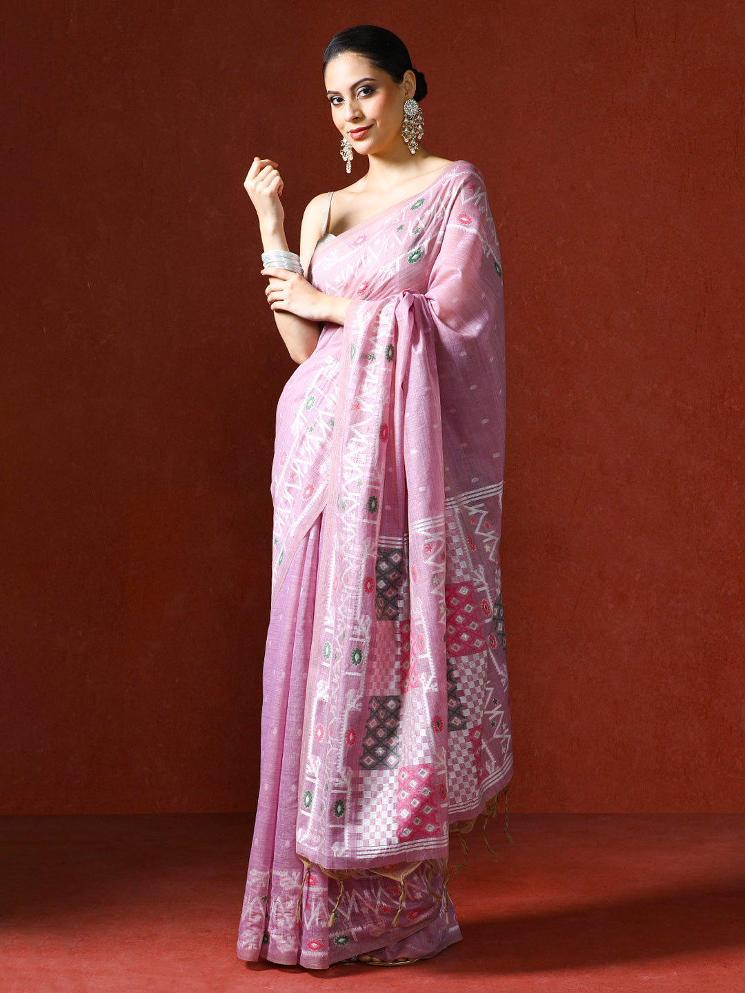 Handloom Geometric Woven Design Chanderi Saree in pink
