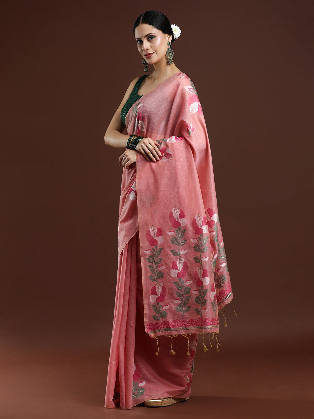 Woven Design Floral Muga Cotton Saree in Pink