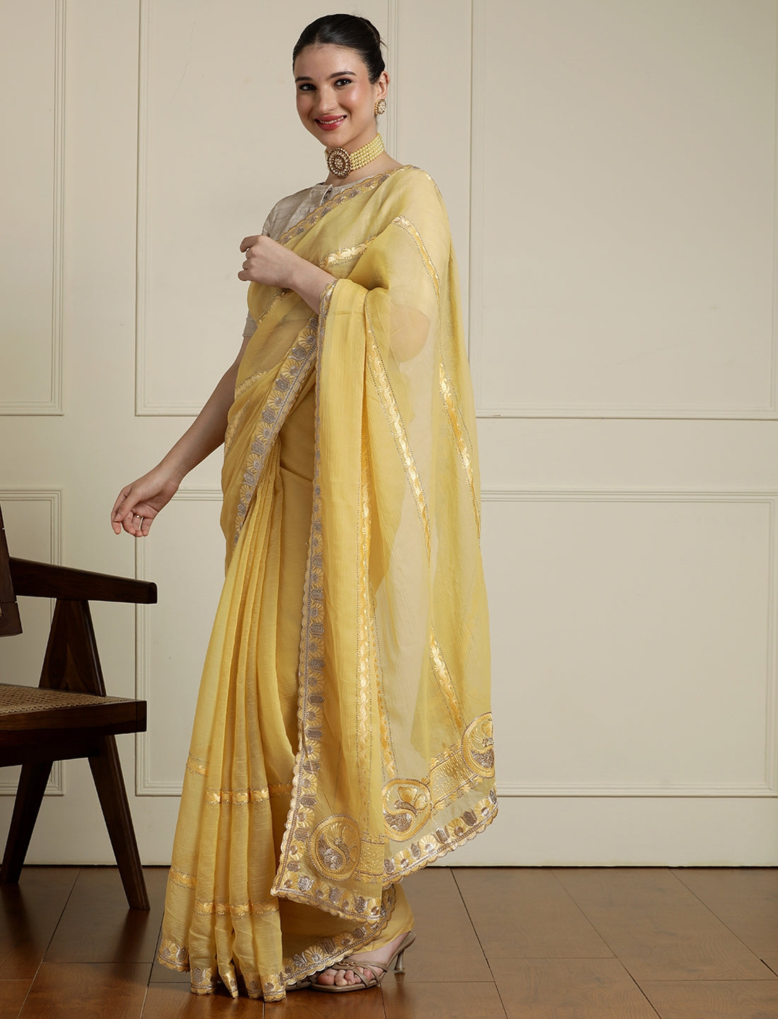 Zari Saree With Blouse in Yellow