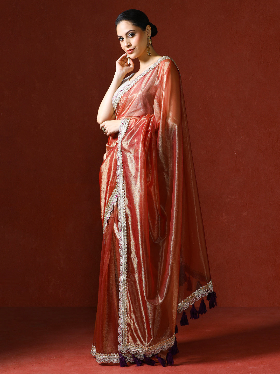 Embellished Satin Silk Sequinned With Tassles Saree in copper