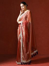 Embellished Satin Silk Sequinned With Tassles Saree in copper