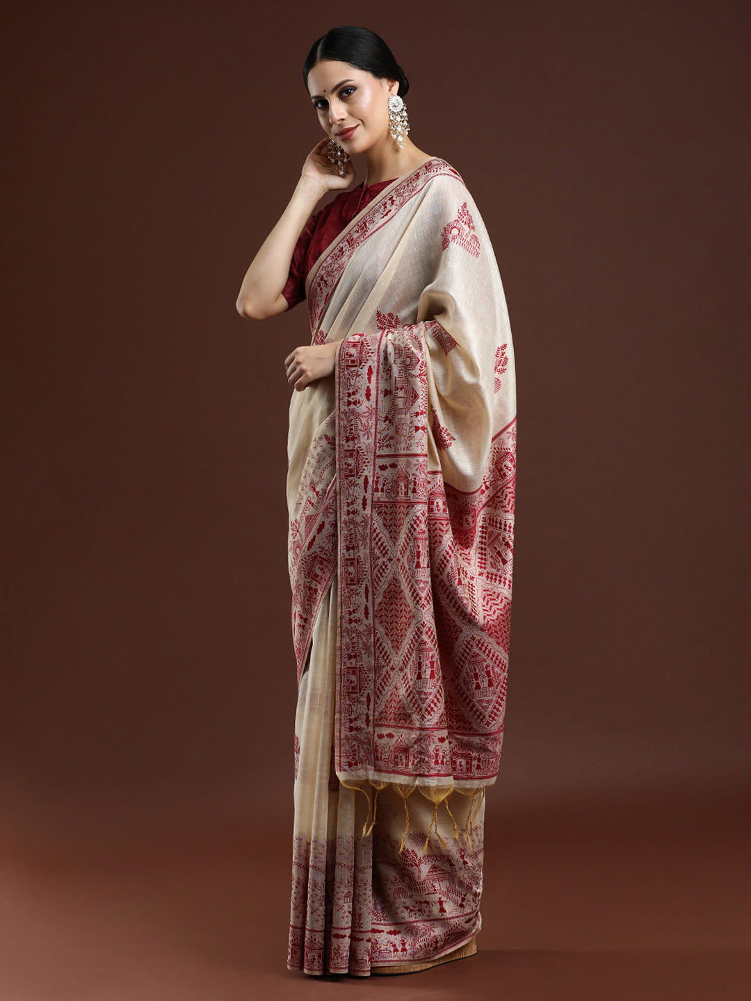 Woven Design Chanderi Cotton Saree with Red Motifs