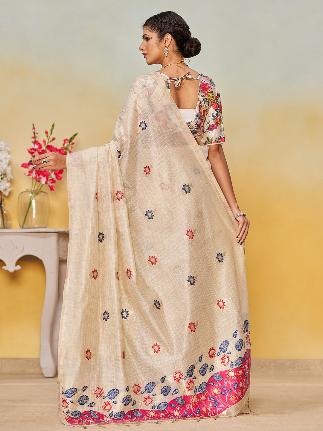 Sundari Cotton in Beige with Pink Motifs