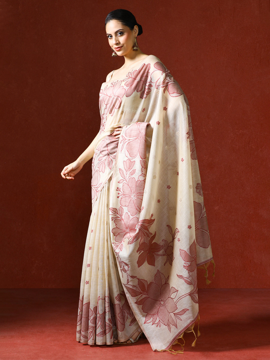 Floral Printed Chanderi Saree in red