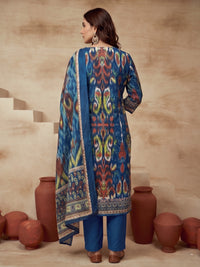 Embroidered Cotton Blend Round Neck Kurta & Trousers With Dupatta