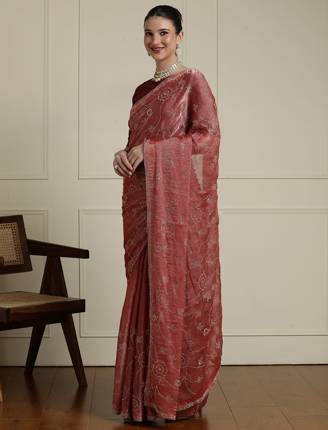 Embellished Saree With Unstitched Blouse in Peach