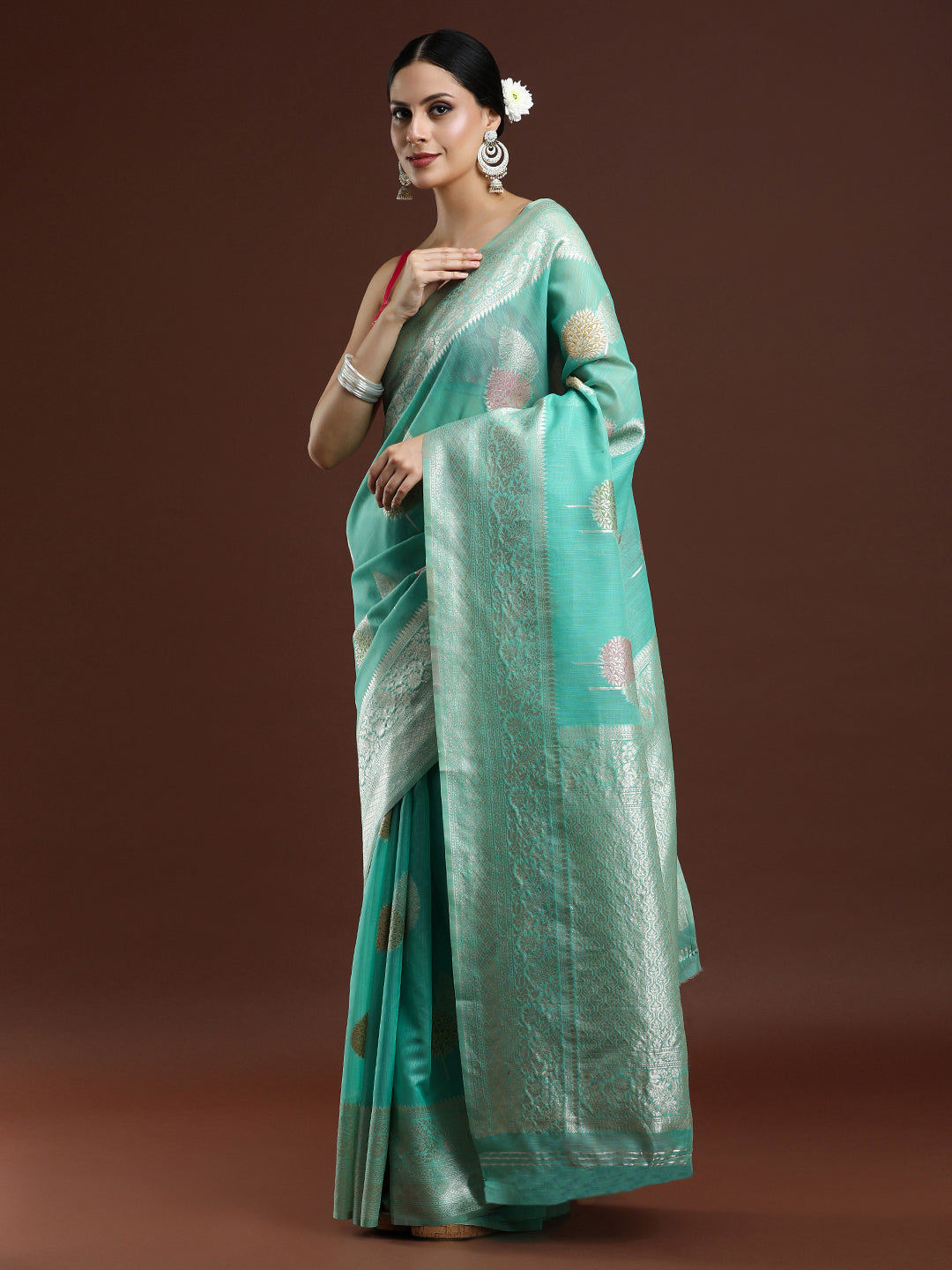 Woven Design Chanderi Cotton Saree in Sea Green