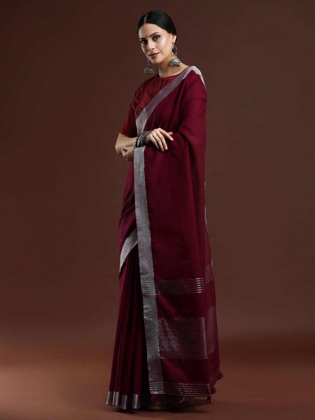 Woven Design Solid Bhagalpuri Linen Saree in Maroon