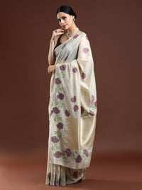 Woven Design Floral Muga Cotton Saree with Purple Motifs