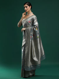 Woven Design Floral Chanderi Cotton Saree in Grey