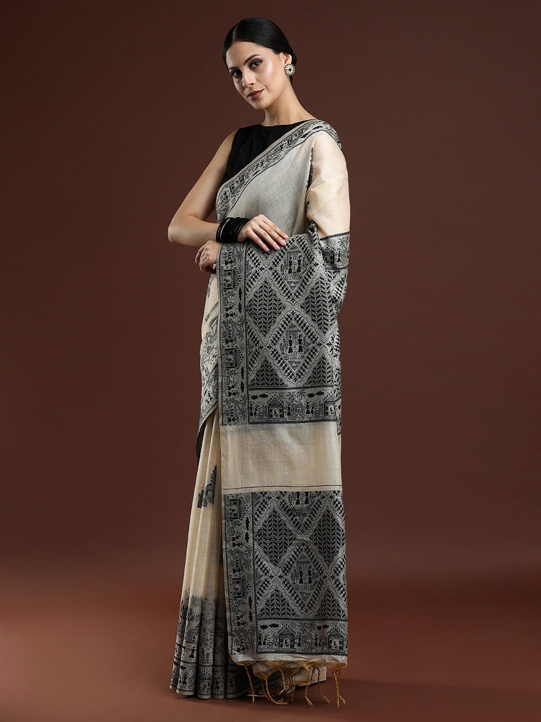 Woven Design Chanderi Cotton Saree with Black Motifs