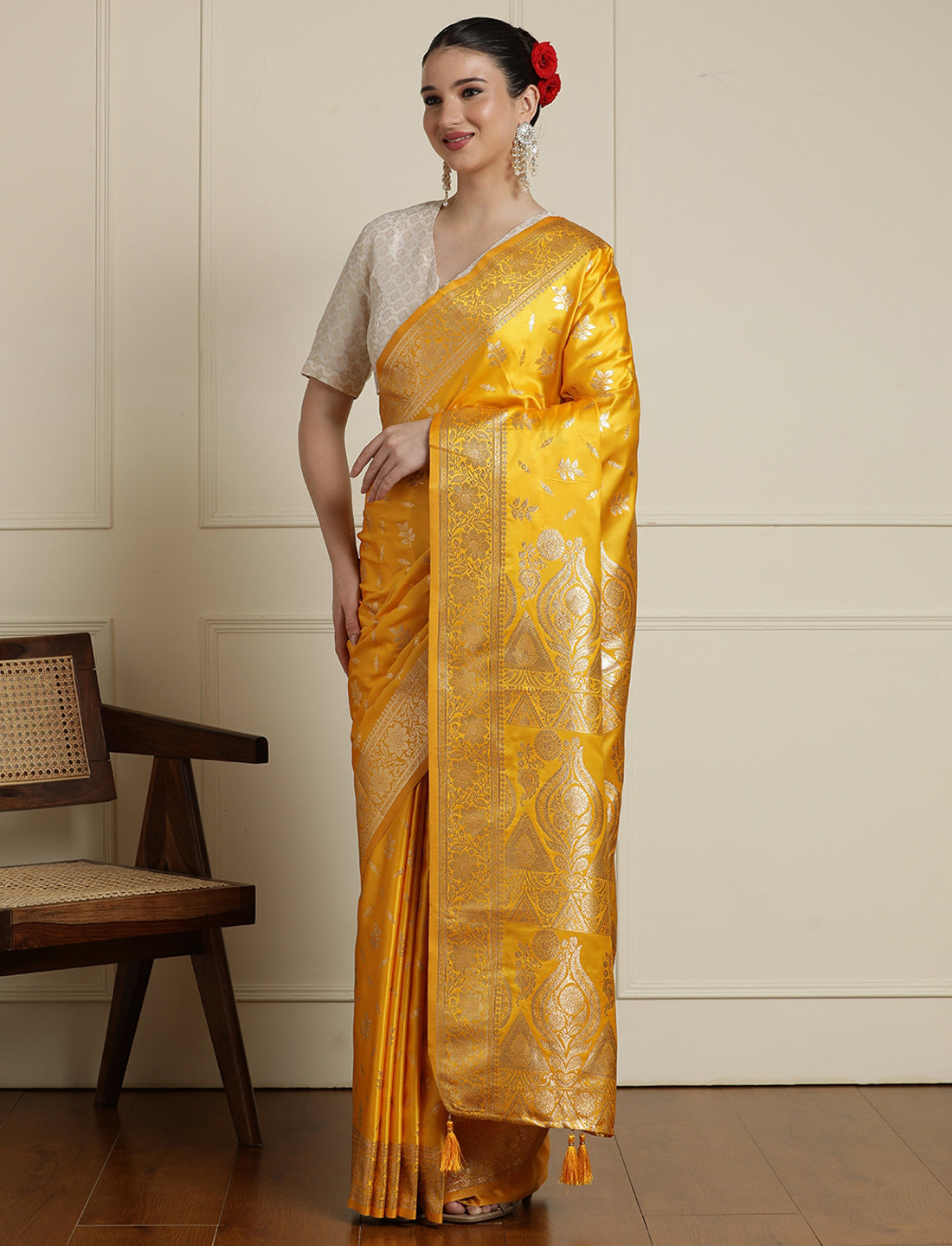 Ethnic Motif Printed Banarasi Saree With Blouse Piece in Yellow