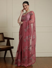 Woven Design Floral Motif Printed Saree With Blouse Piece in Pink