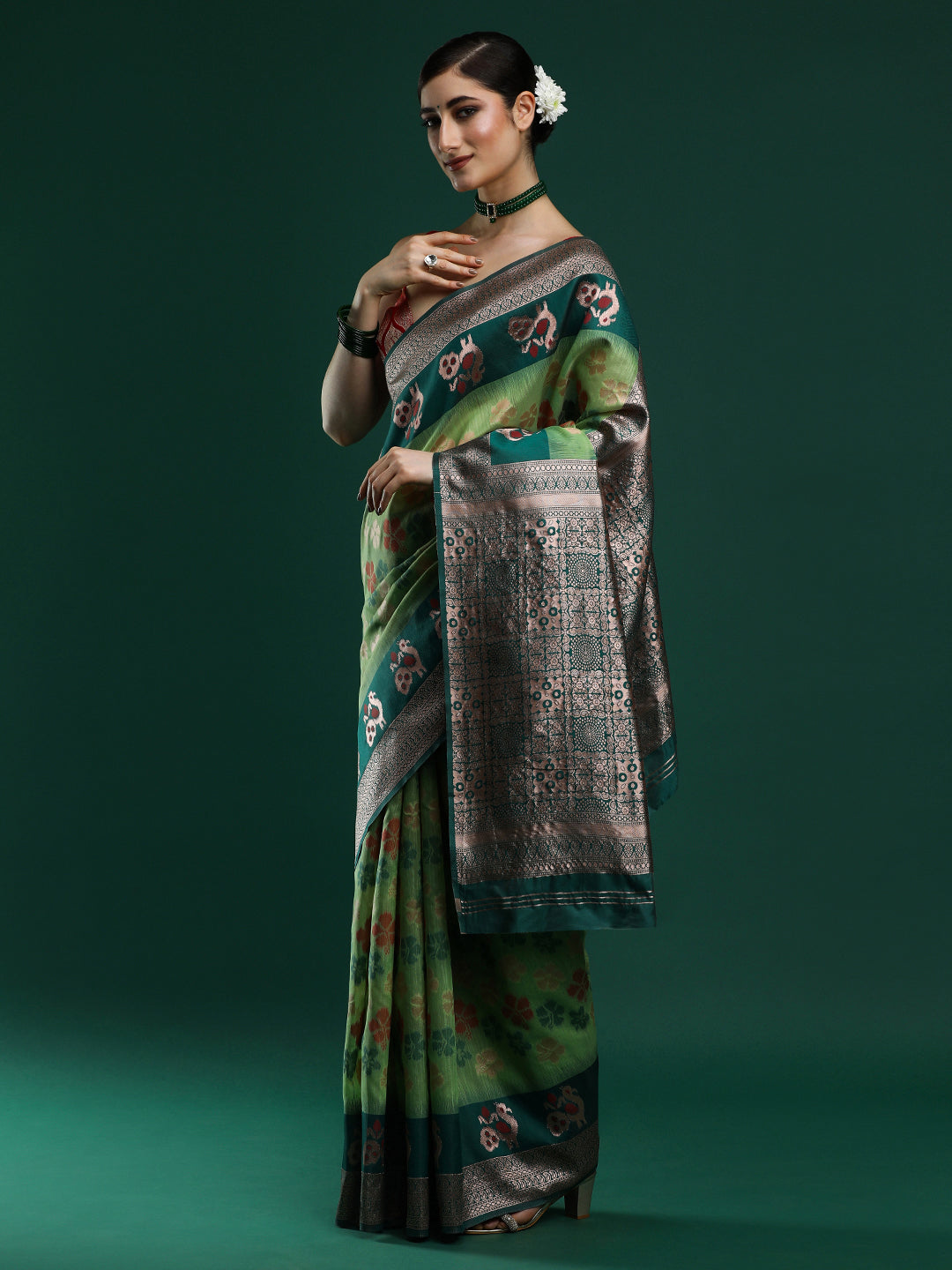 Woven Design Chanderi Cotton Saree in Green