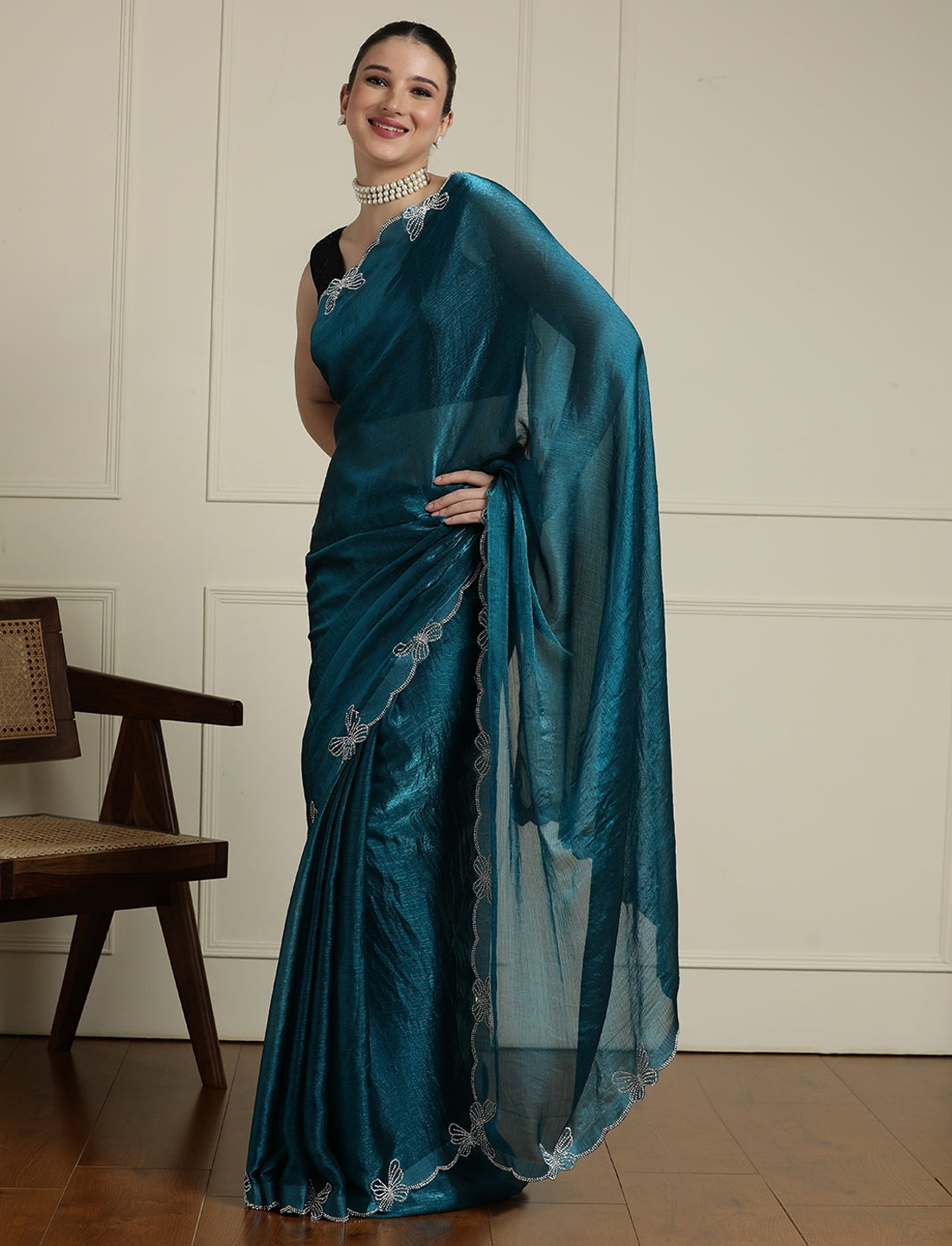 Embellished Beads and Stones Saree With Blouse in Blue