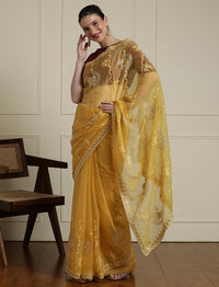 Floral Motifs Embroidered Saree with Unstitched Blouse in Yellow
