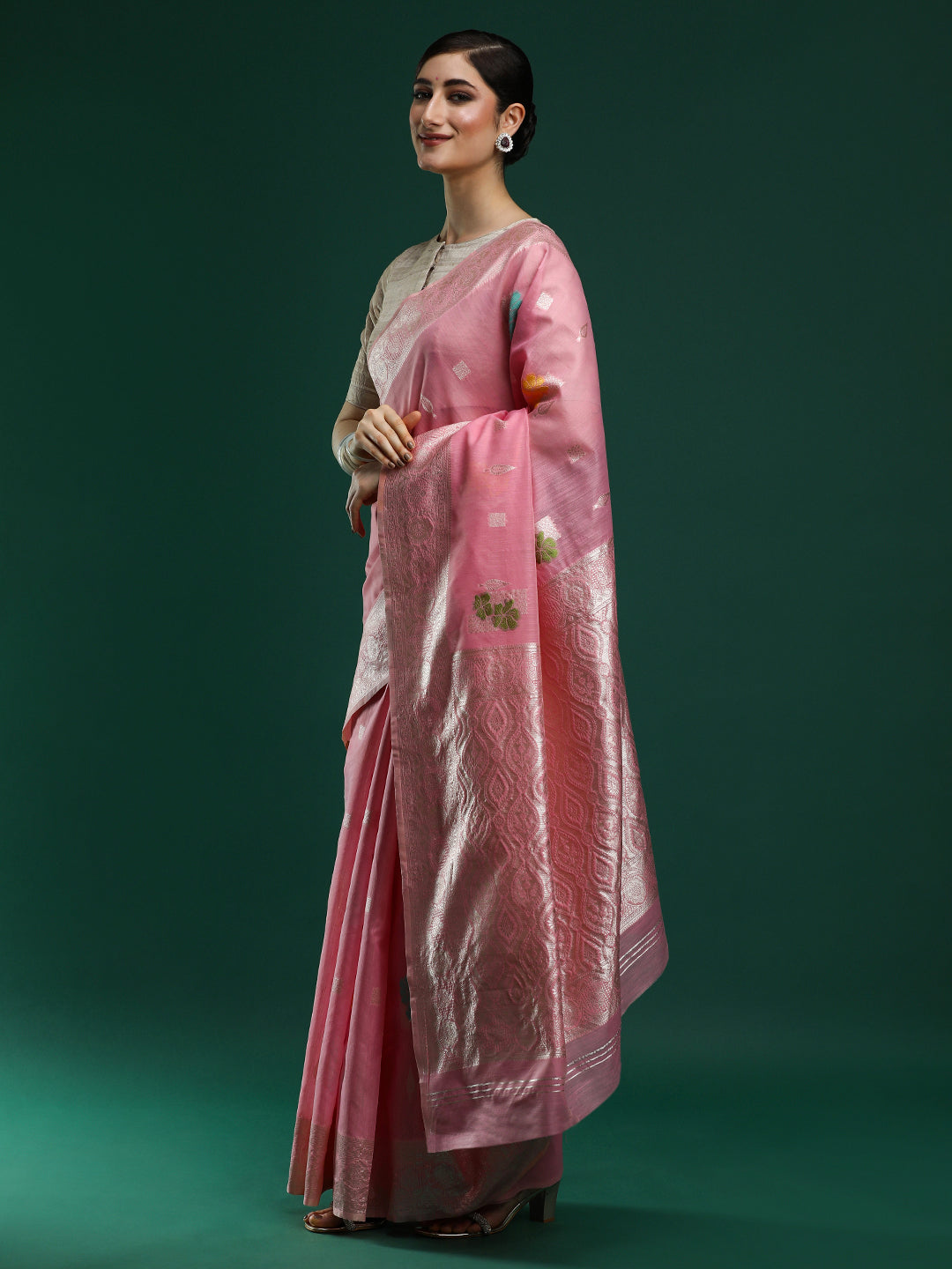 Woven Design Floral Chanderi Cotton Saree in Pink
