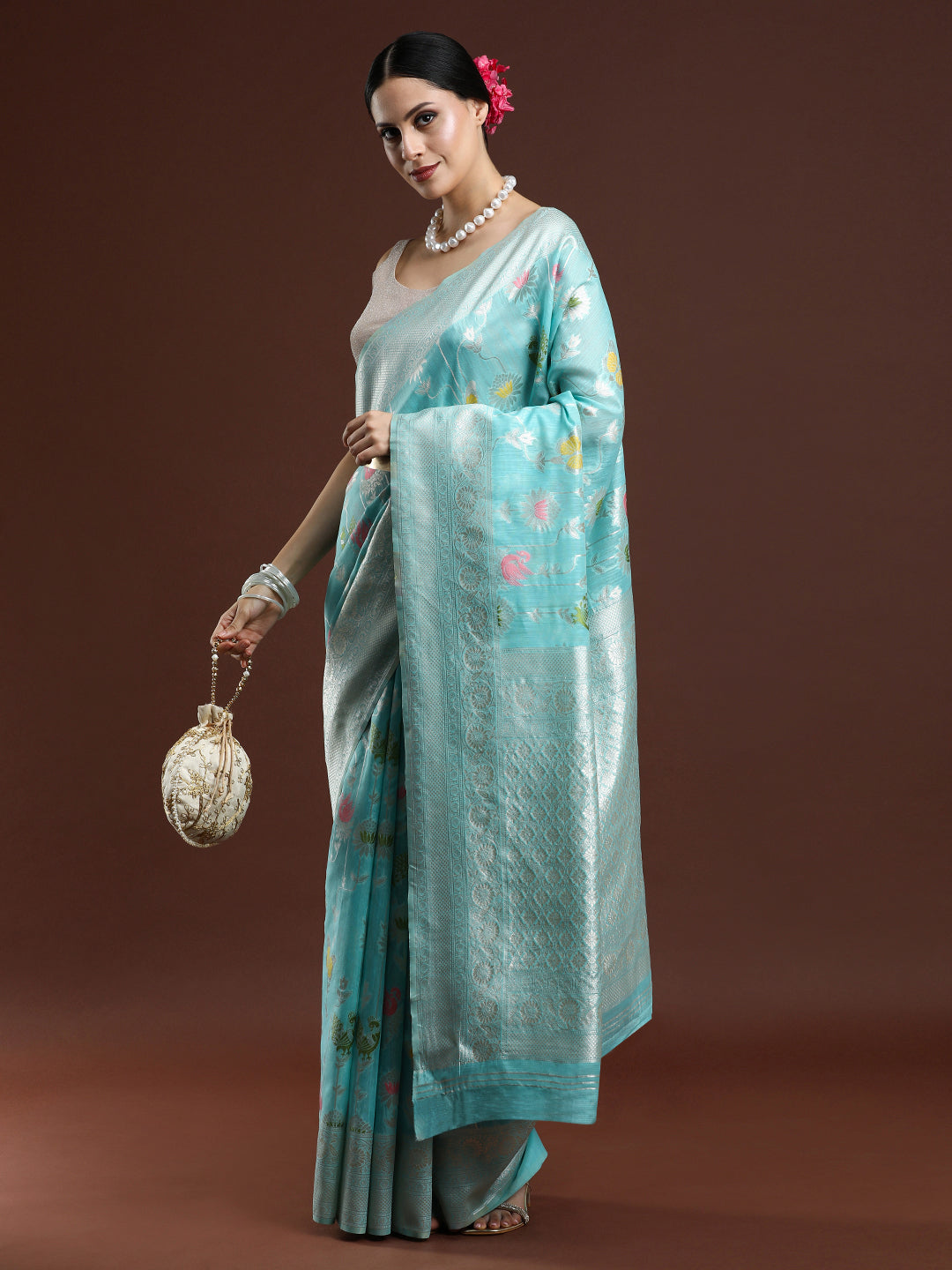 Woven Design Floral Chanderi Cotton Saree in Blue
