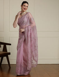 Floral Motifs Embroidered Saree with Unstitched Blouse in Purple