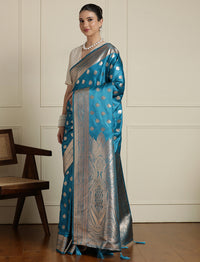 Ethnic Motifs Woven Design Zari Banarasi Saree With Blouse Piece in Blue
