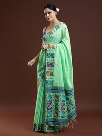 Woven Design Ethnic Motif Muga Cotton Saree in Green