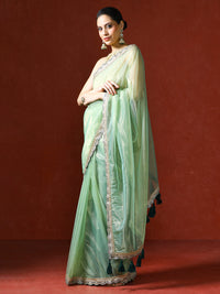 Embellished Satin Silk Sequinned With Tassles Saree in sea green