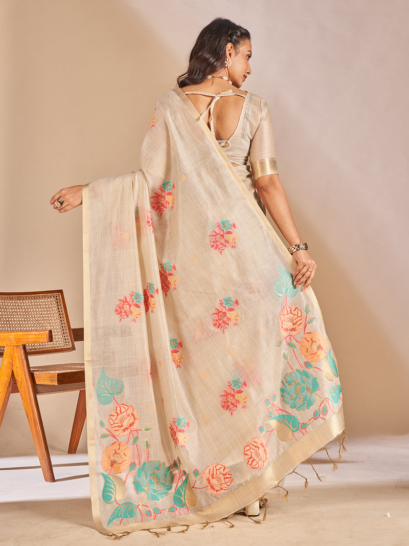 Leela Cotton In Beige With Coral Pink Motifs