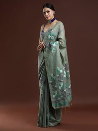 Woven Design Floral Muga Cotton Saree in Green