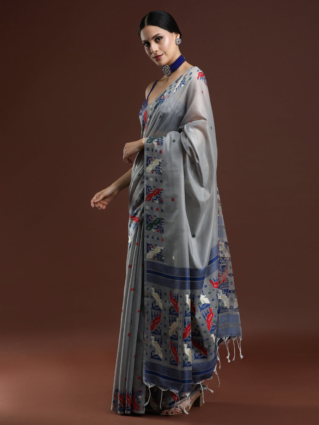 Woven Design Ethnic Motif Muga Cotton Saree in Grey
